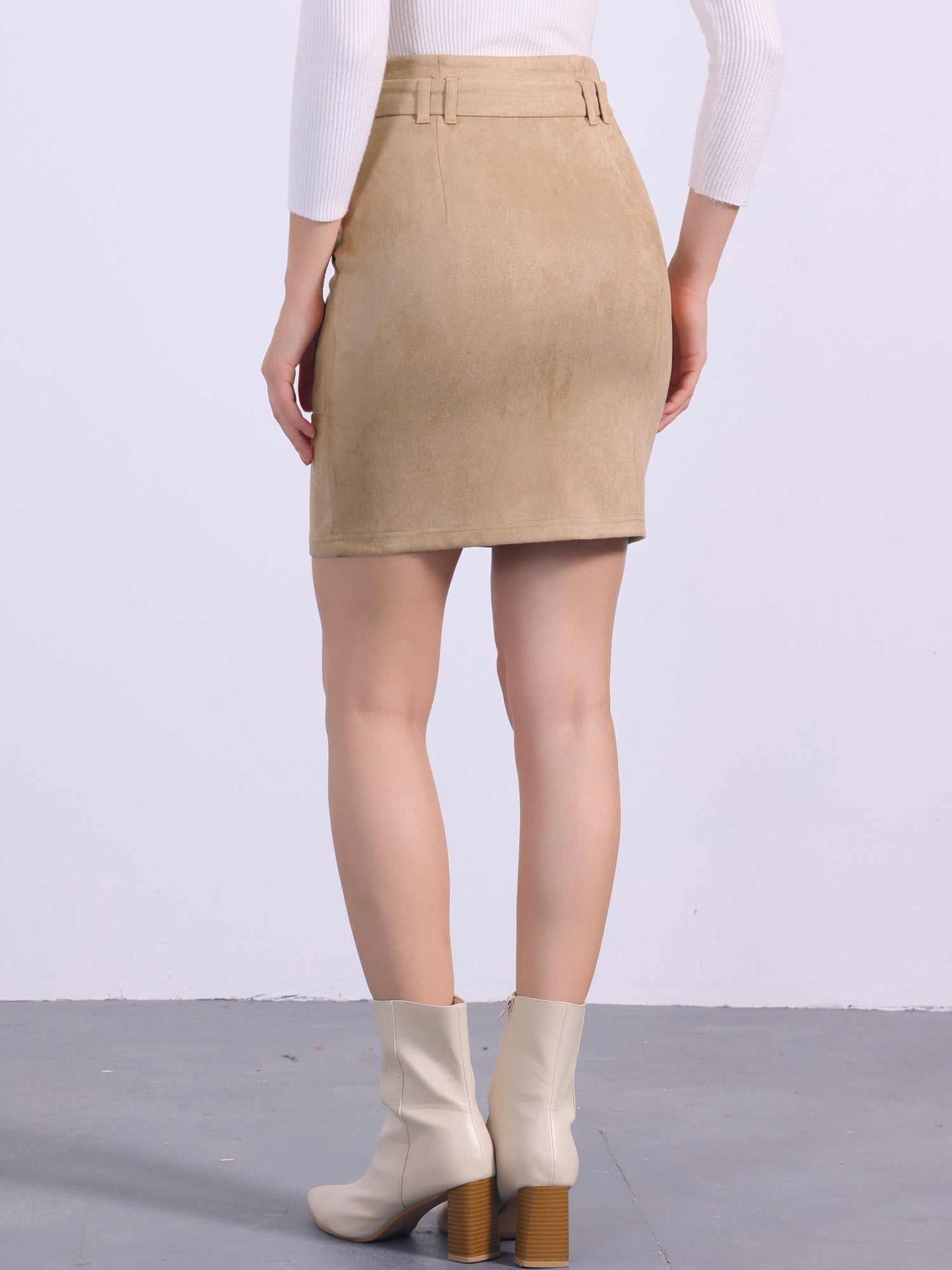 Faux Suede Casual High Waist Belted A-Line Mini Skirts