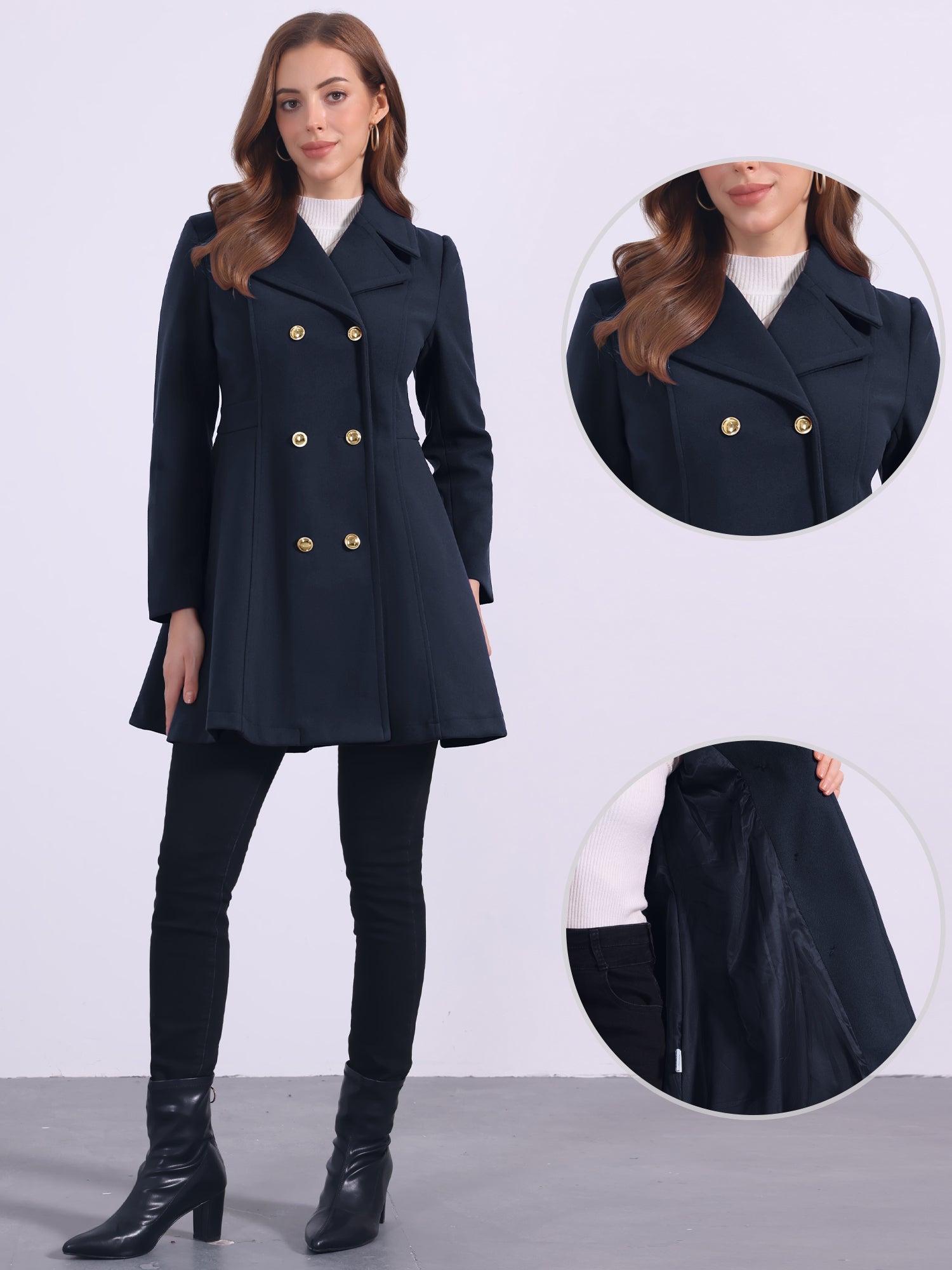 Winter Long Lapel Collar Contrast Double Breast Coat