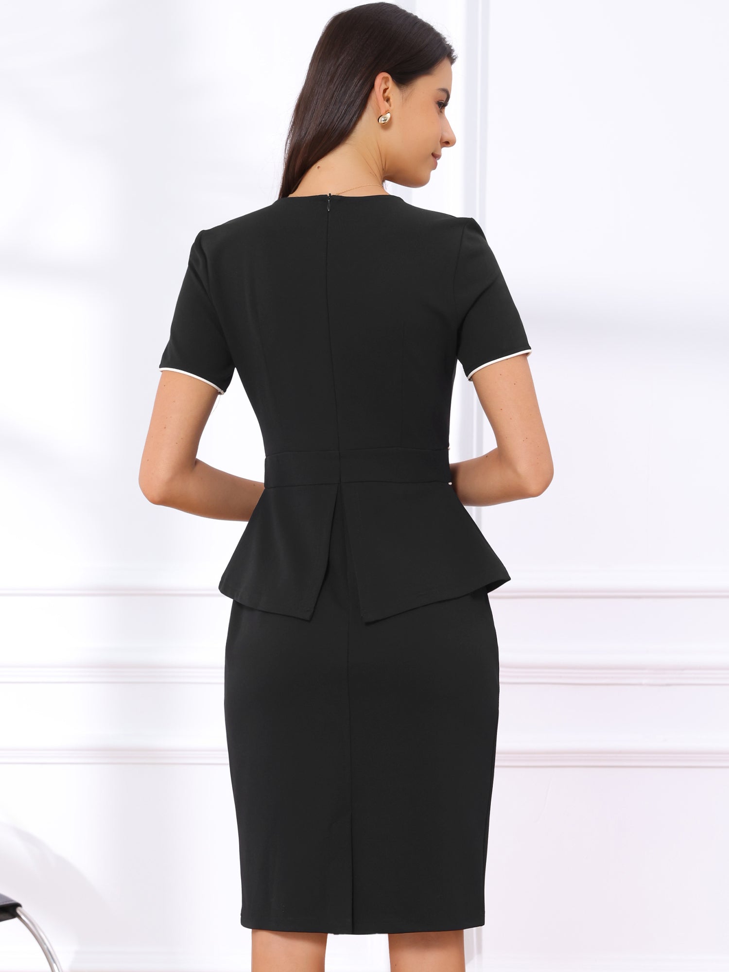Peplum Pencil Crew Neck Short Sleeve Bodycon Elegant Sheath Dress