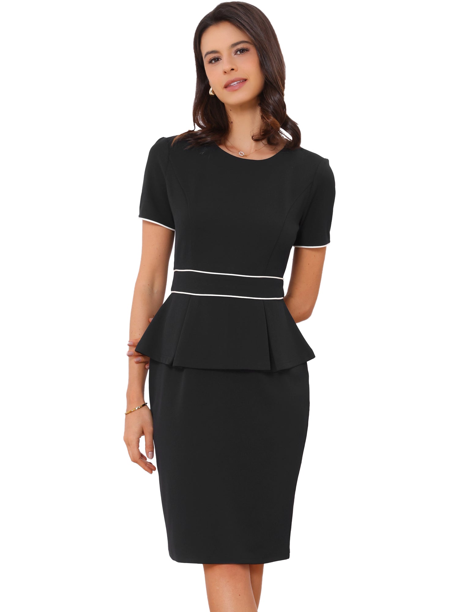 Peplum Pencil Crew Neck Short Sleeve Bodycon Elegant Sheath Dress