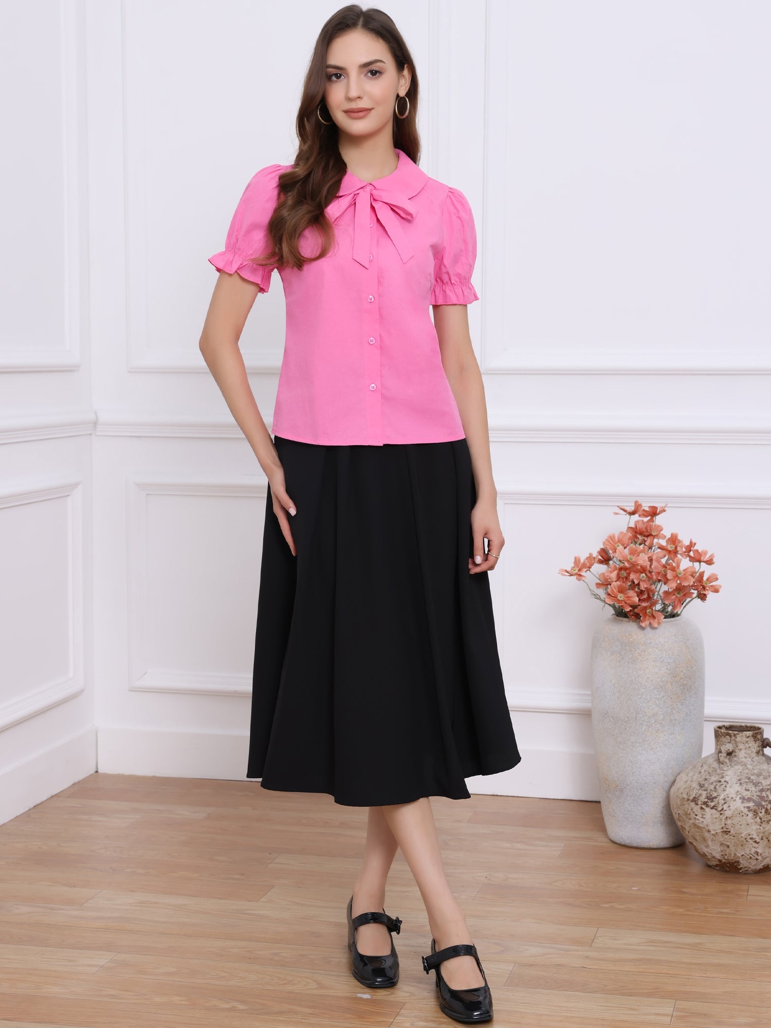 Peter Pan Collar Tie Neck Casual Cute Cotton Button-Up Shirt