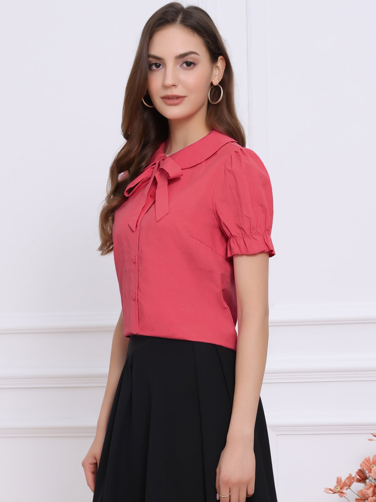 Peter Pan Collar Tie Neck Casual Cute Cotton Button-Up Shirt