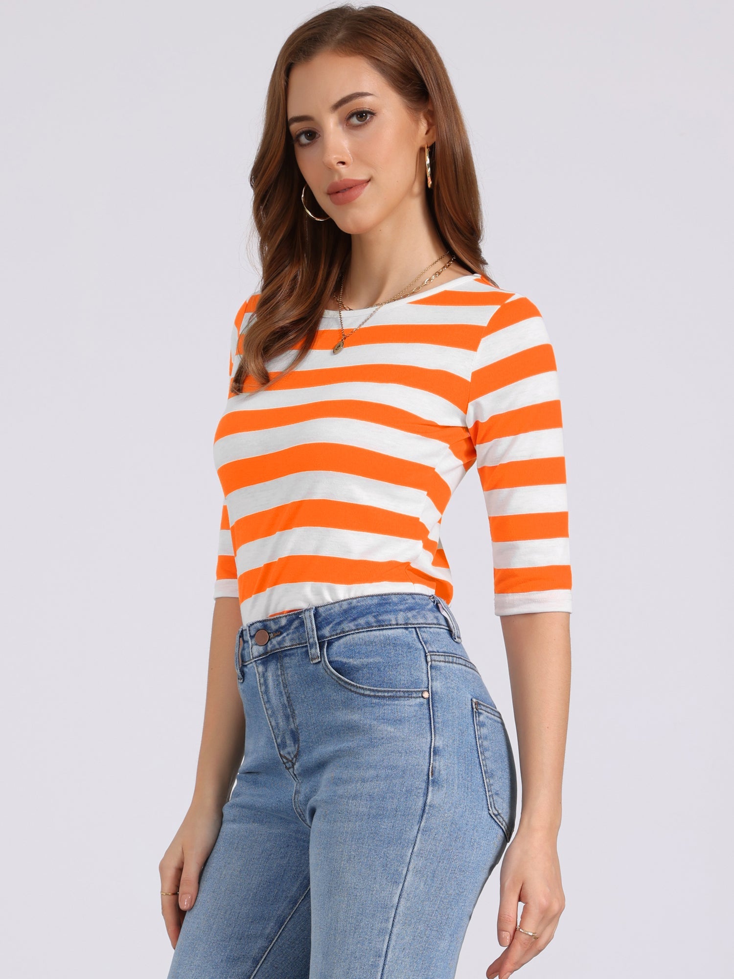 Striped 3/4 Sleeve Round Neck Casual T-Shirt
