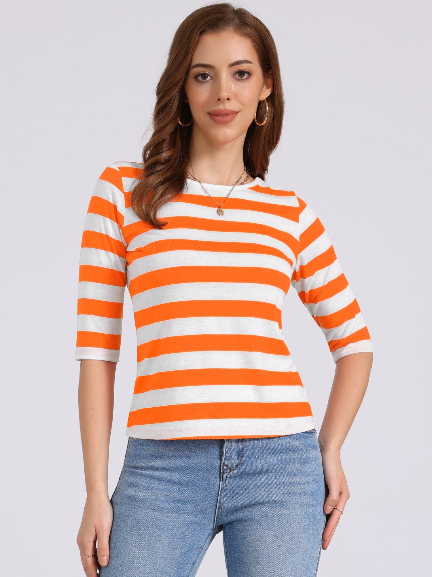 Striped 3/4 Sleeve Round Neck Casual T-Shirt