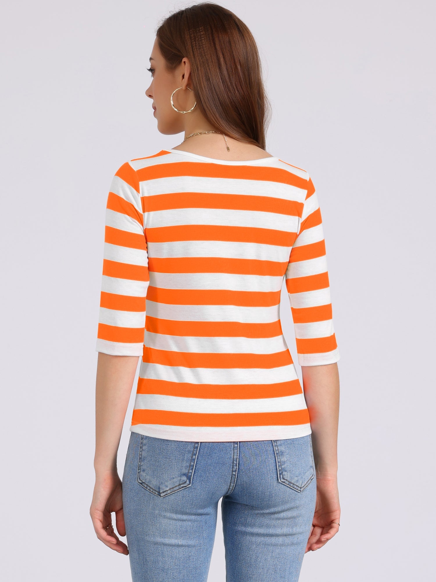 Striped 3/4 Sleeve Round Neck Casual T-Shirt