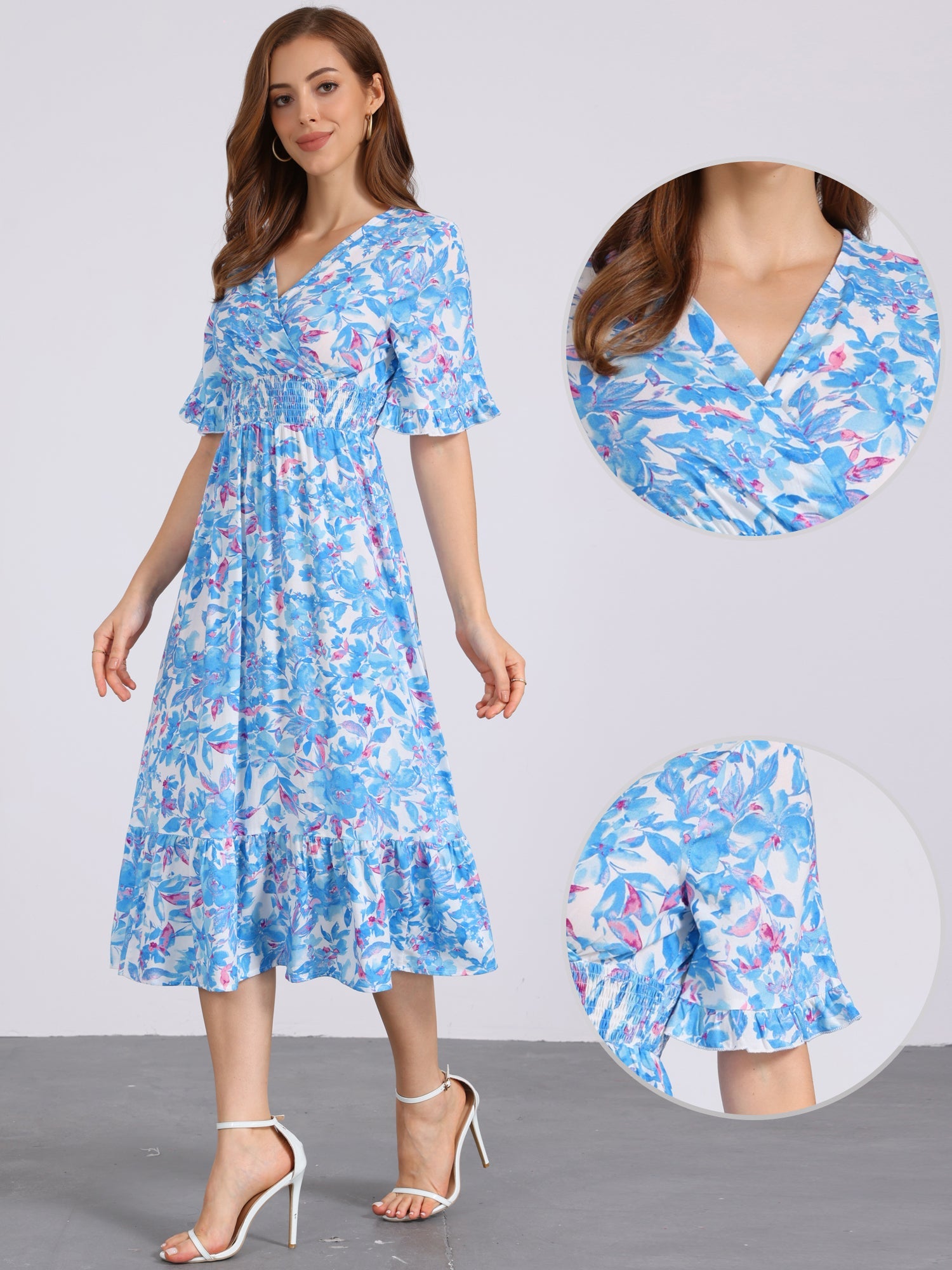 Floral Ruffled Hem Short Sleeve Smock Midi Dress