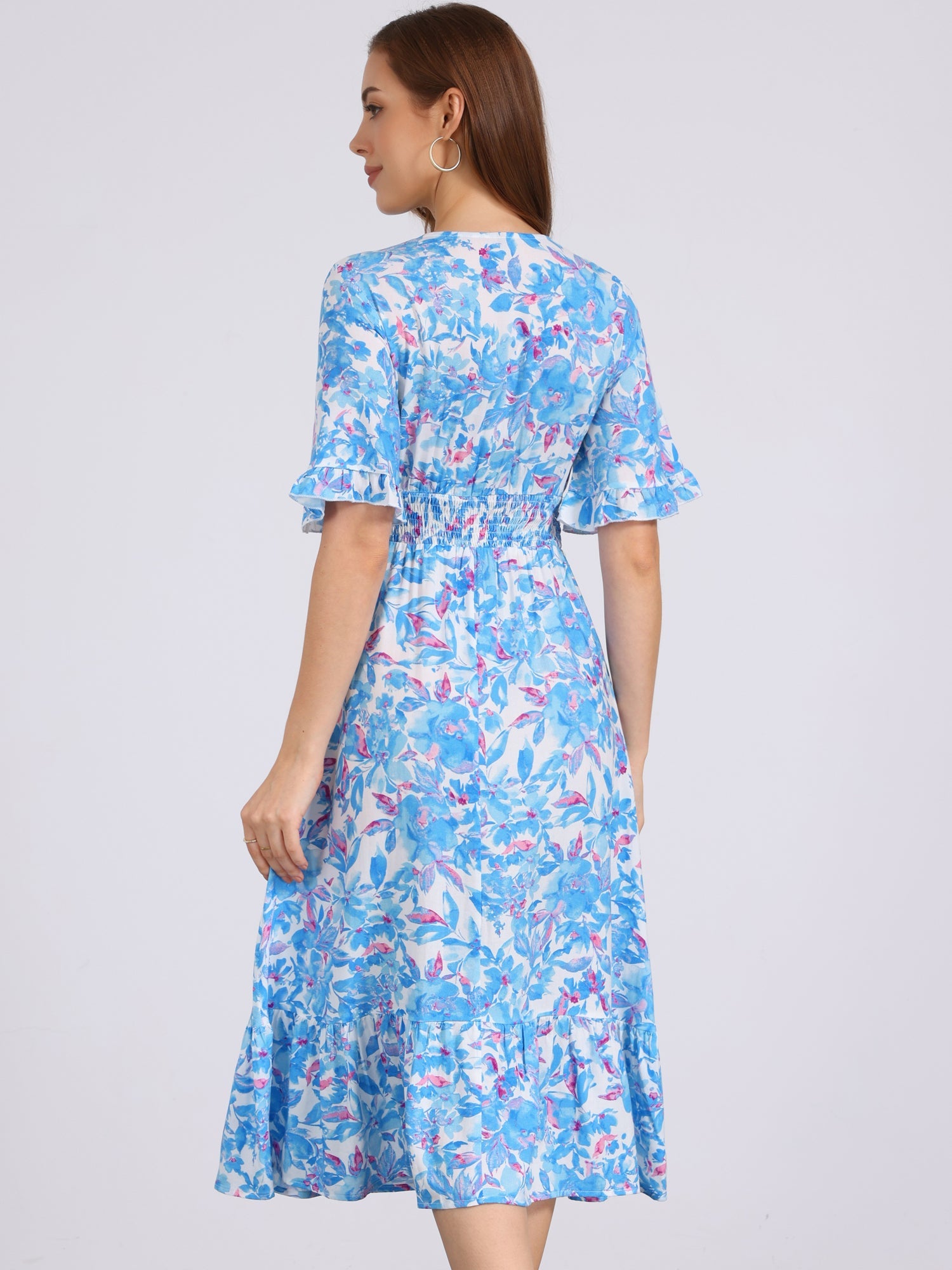 Floral Ruffled Hem Short Sleeve Smock Midi Dress