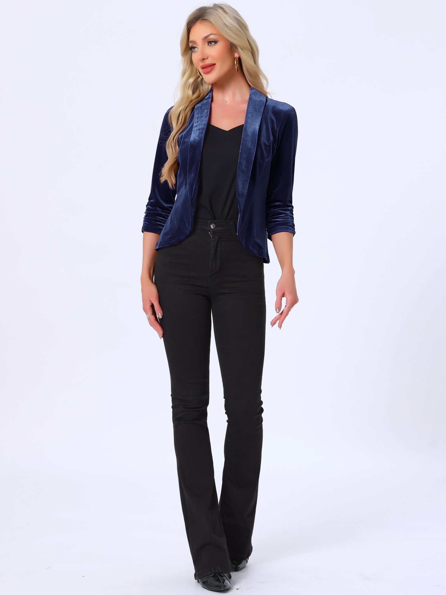 Lapel Collar Velvet Solid Office Work Open Front Blazer