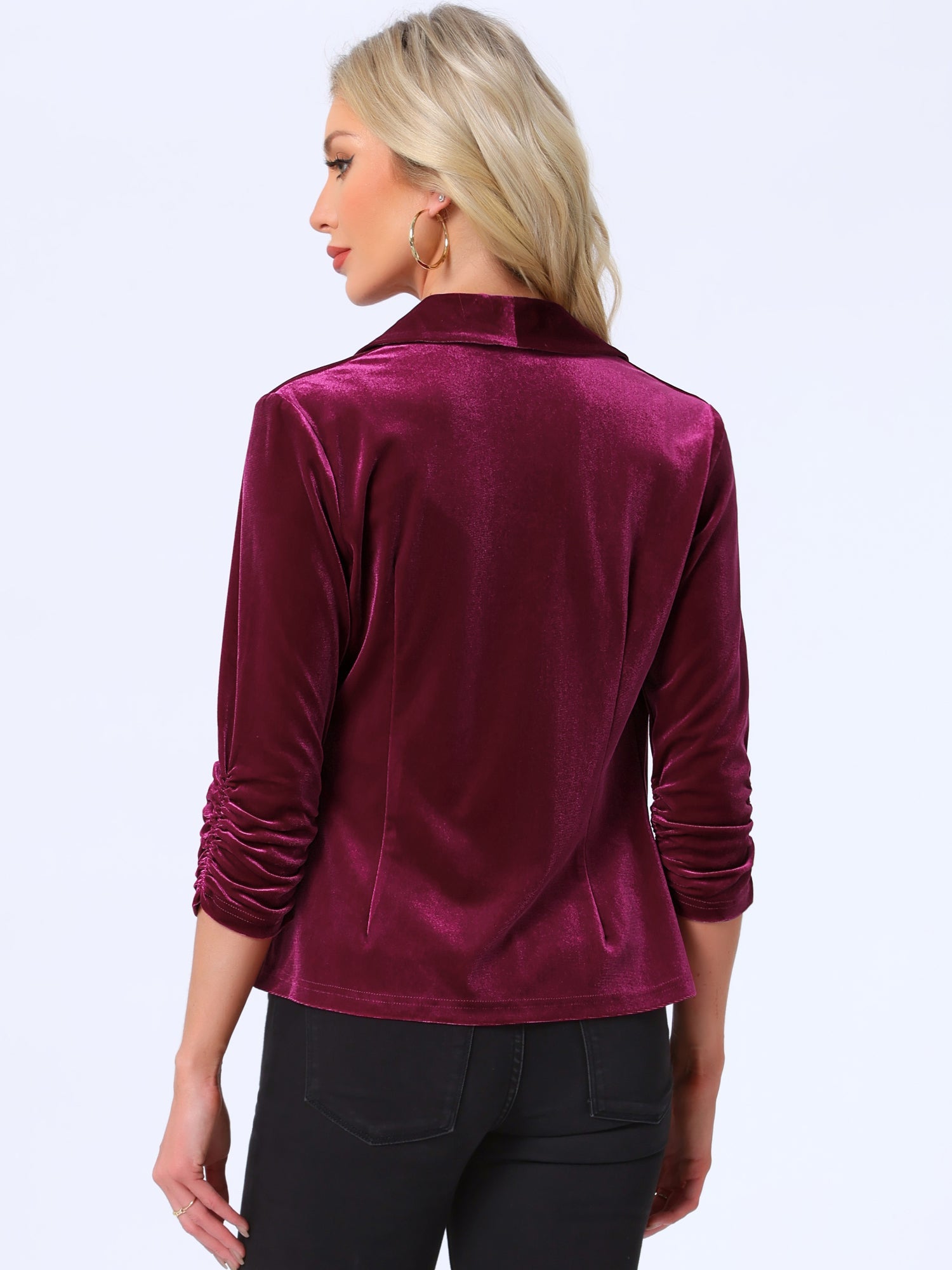 Lapel Collar Velvet Solid Office Work Open Front Blazer