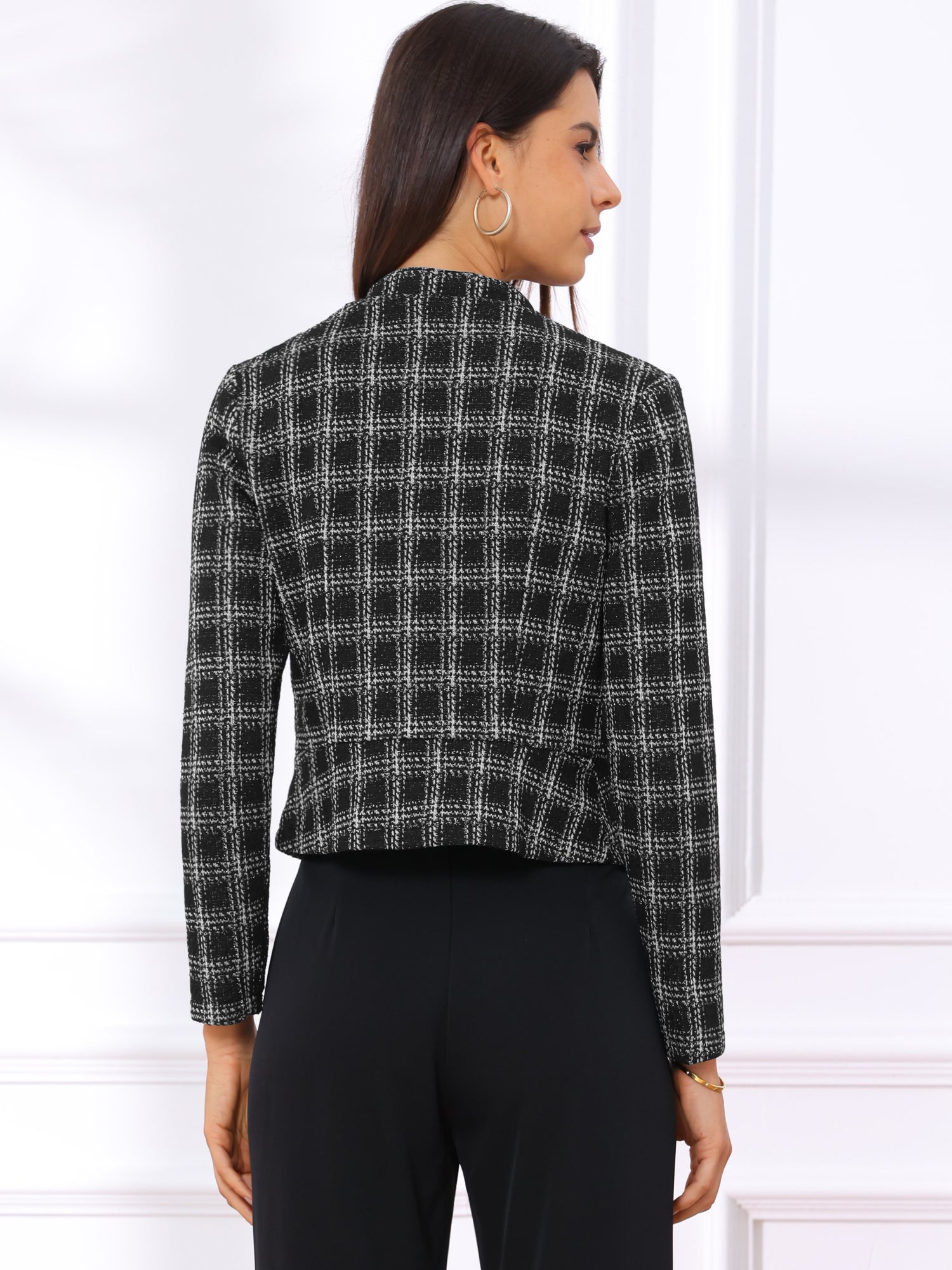 Vintage Tweed Plaid Slim Fit Work Office Cropped Jacket