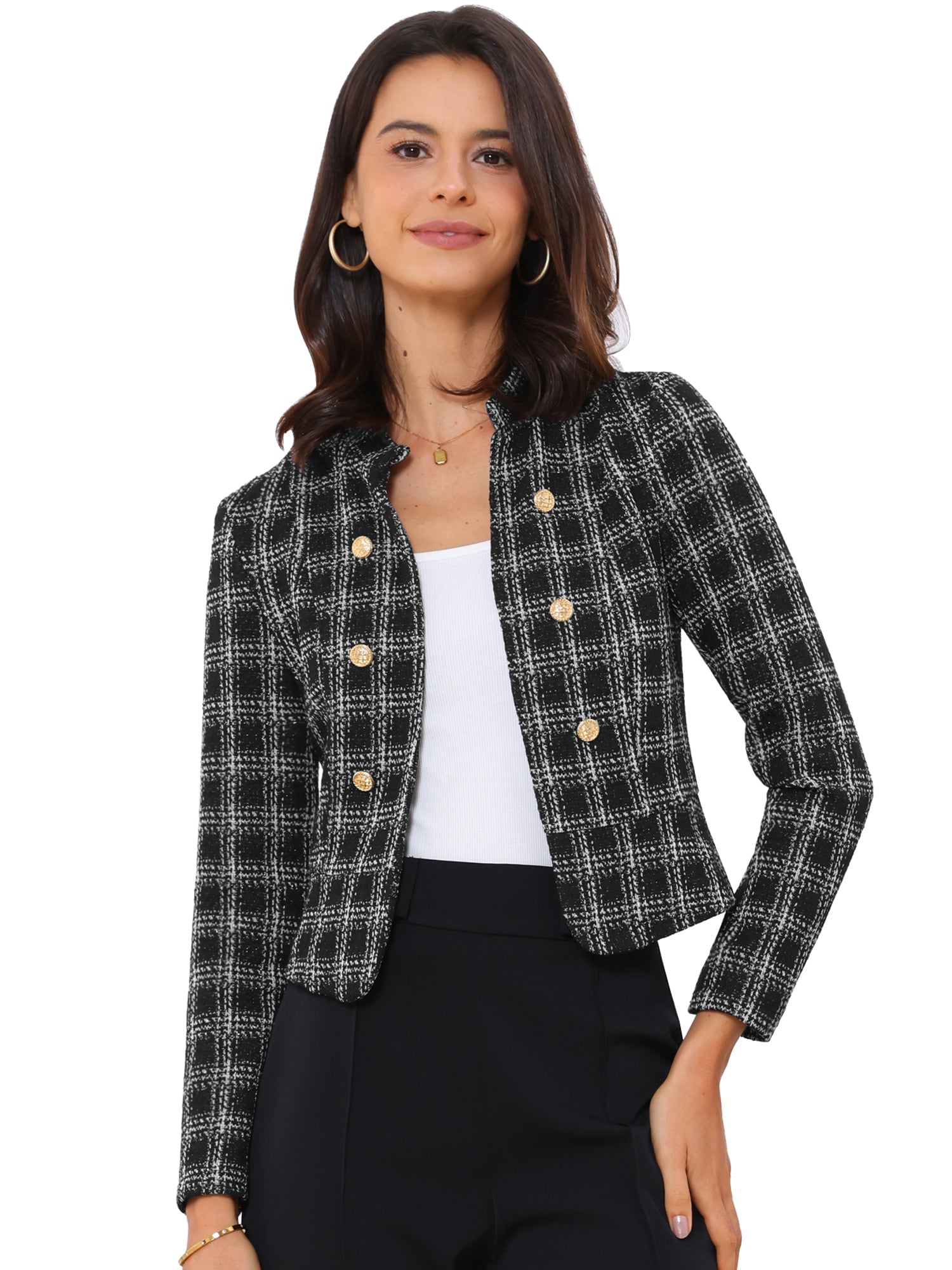 Vintage Tweed Plaid Slim Fit Work Office Cropped Jacket