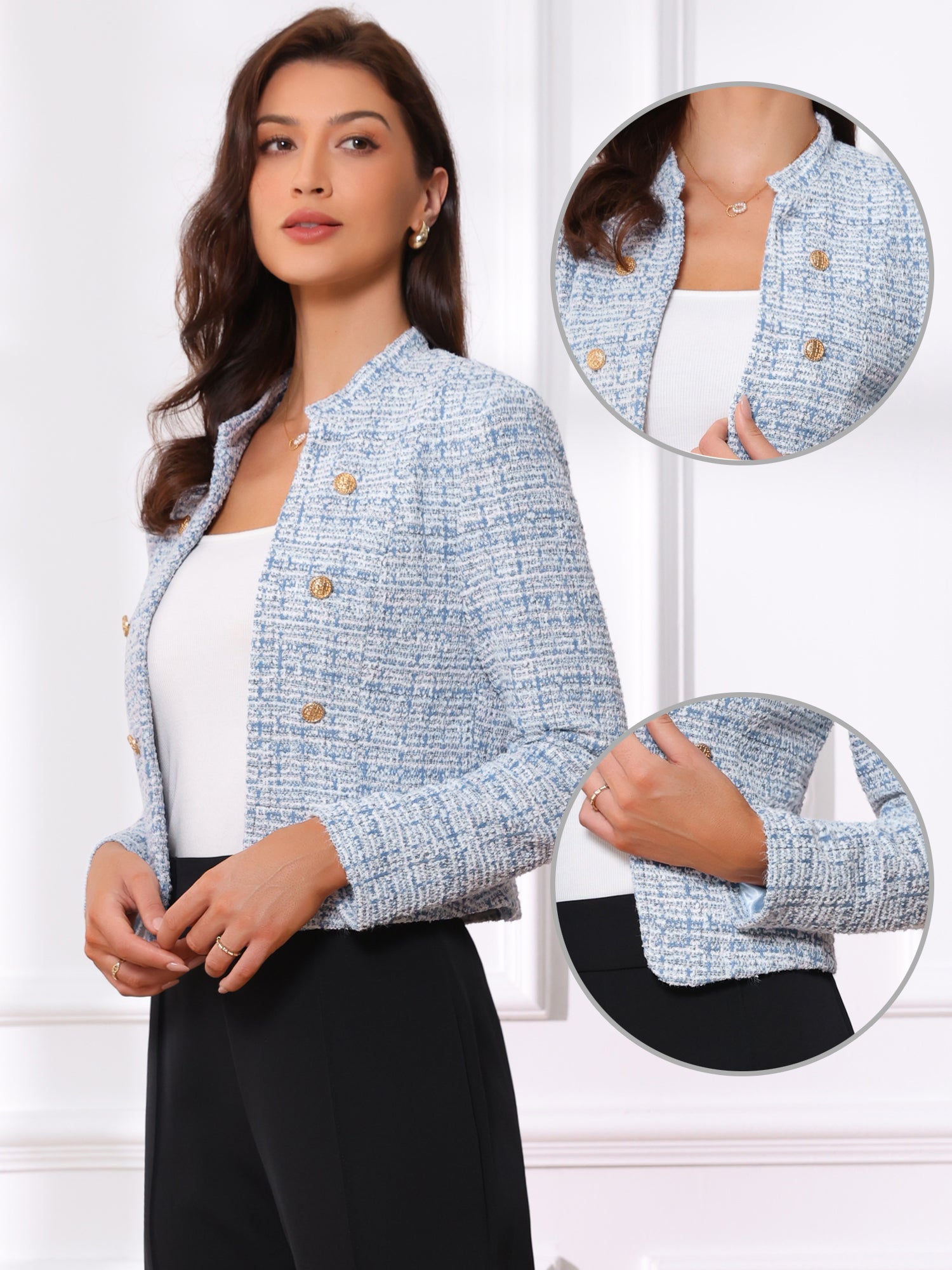 Vintage Tweed Plaid Slim Fit Work Office Cropped Jacket