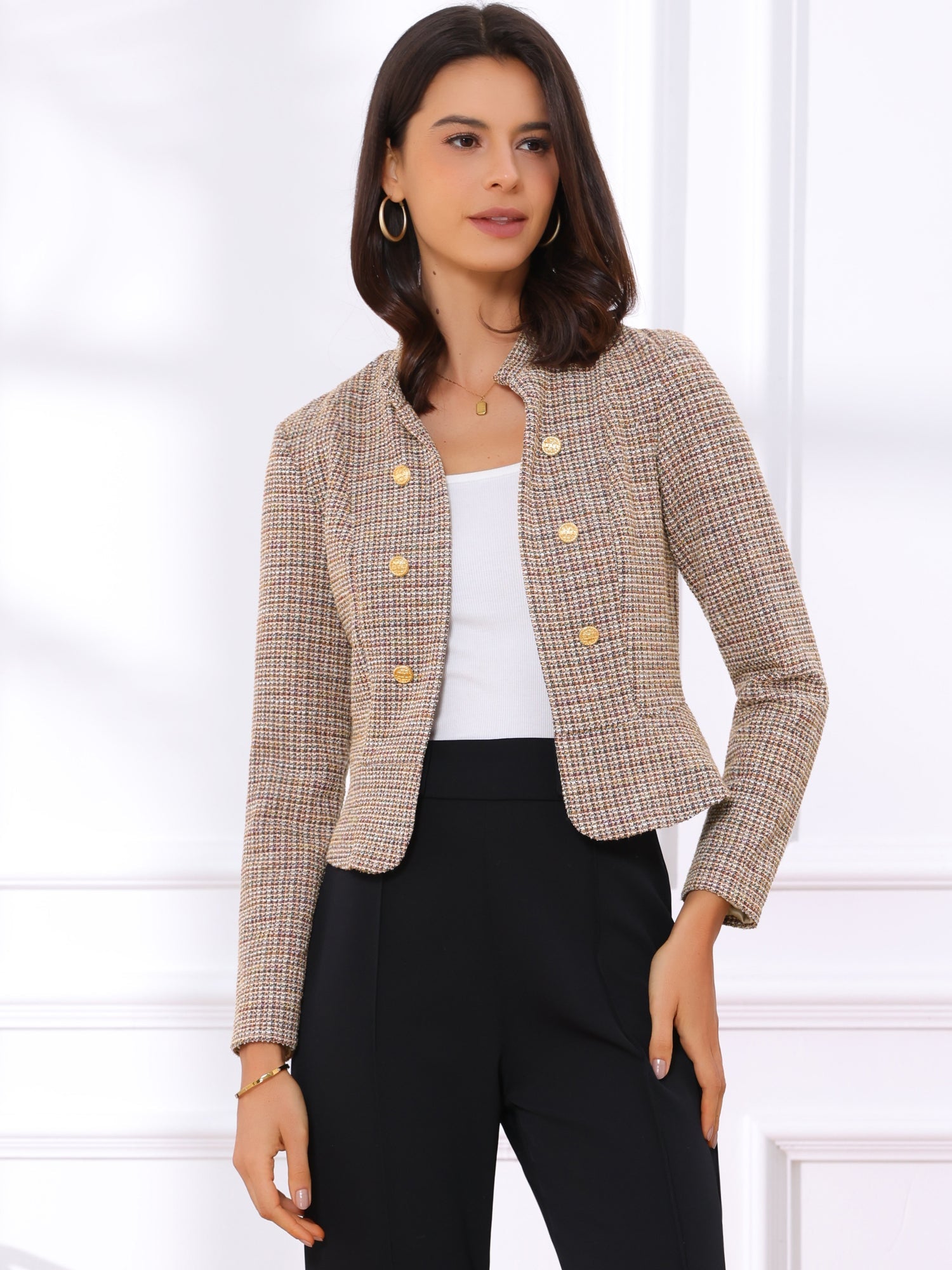 Vintage Tweed Plaid Slim Fit Work Office Cropped Jacket