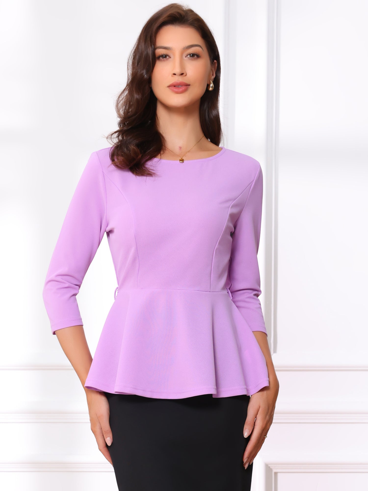 3/4 Sleeve Belted Peplum Elegant Business Work Blouse