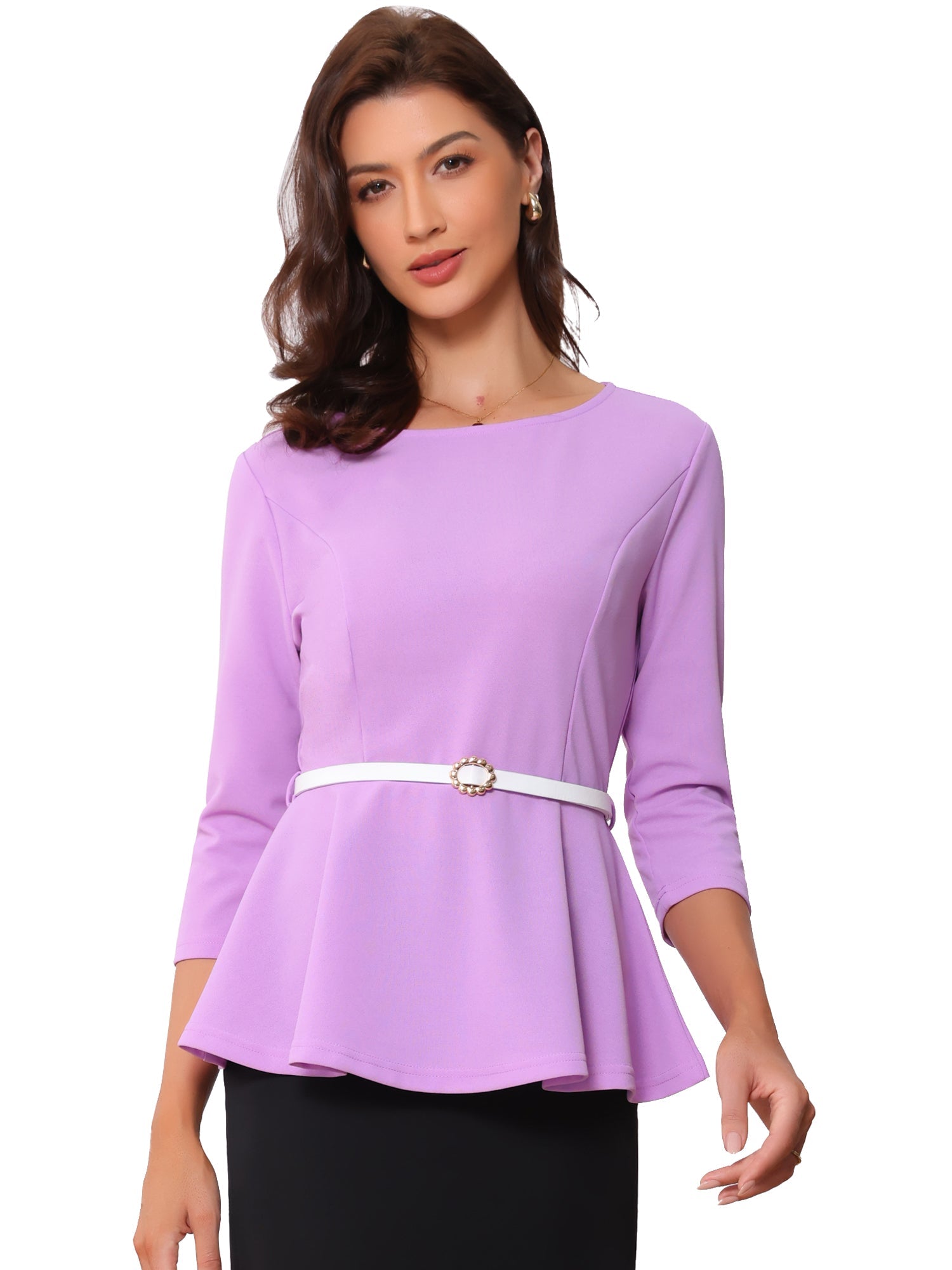 3/4 Sleeve Belted Peplum Elegant Business Work Blouse