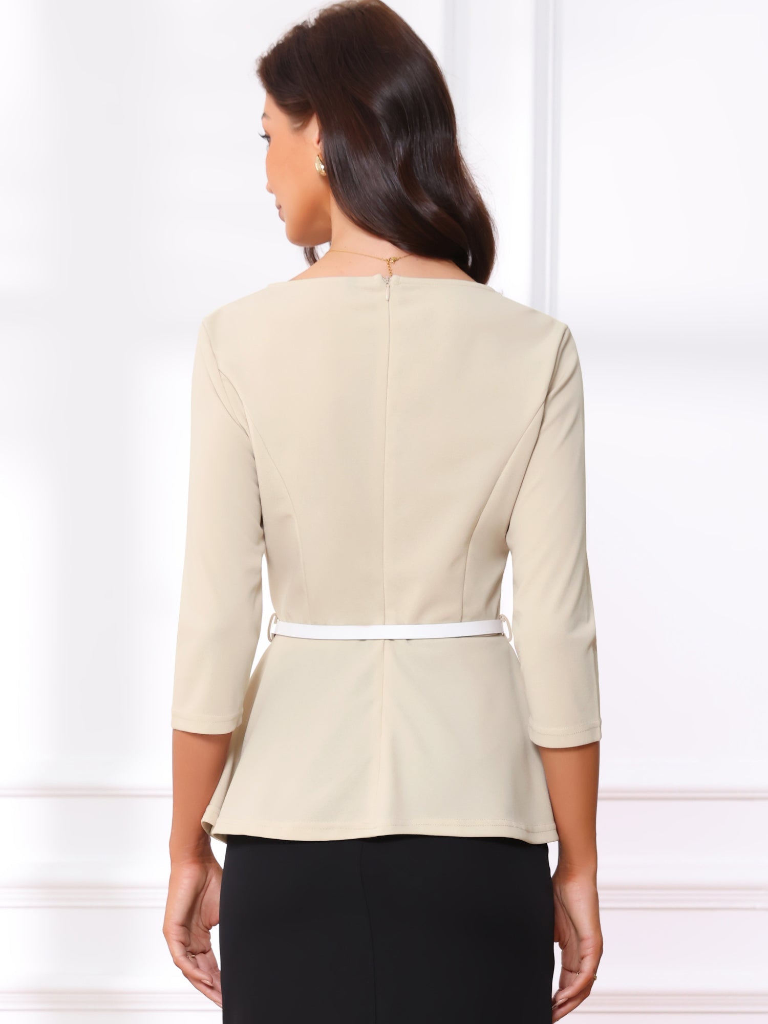 3/4 Sleeve Belted Peplum Elegant Business Work Blouse