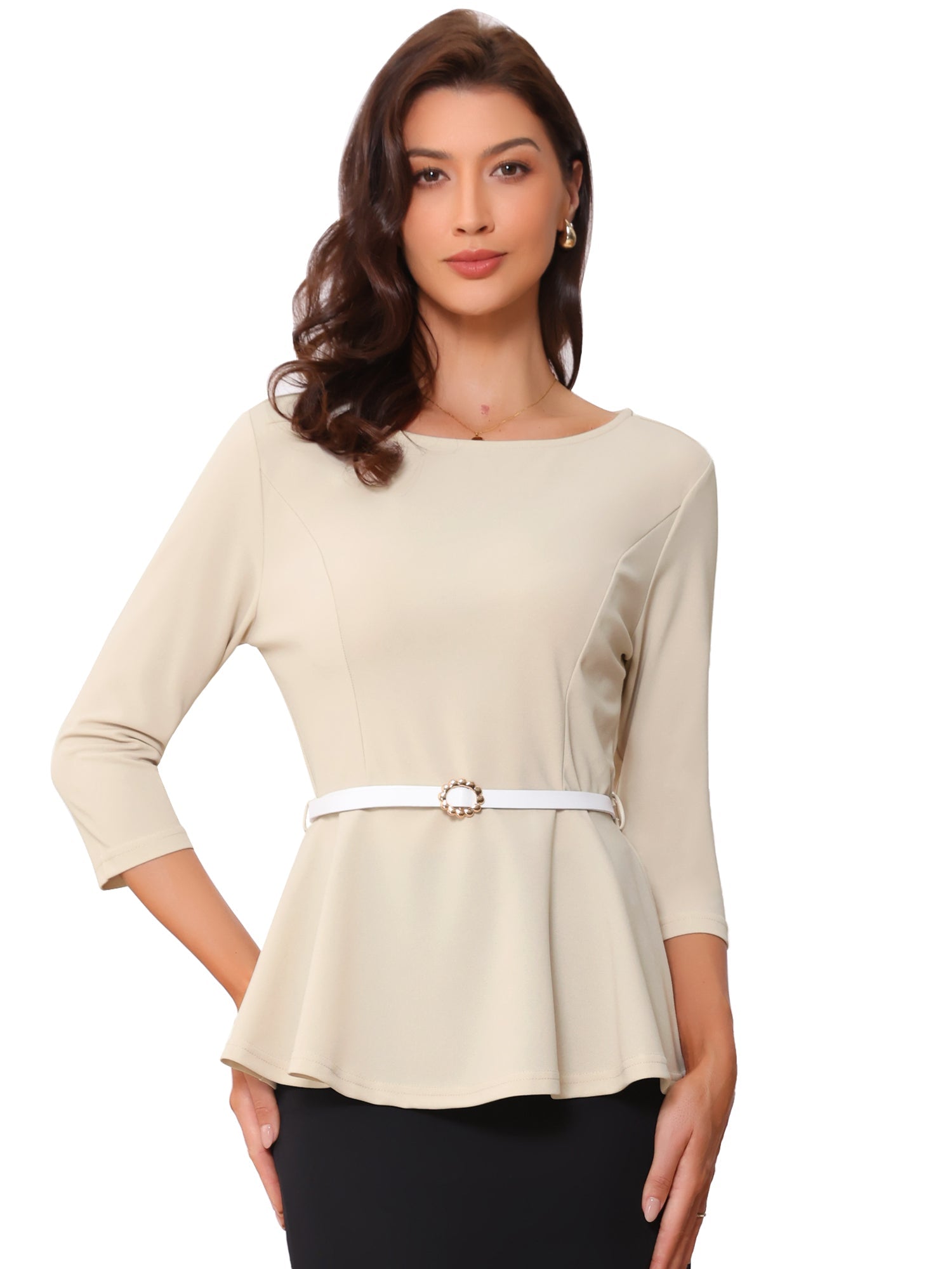 3/4 Sleeve Belted Peplum Elegant Business Work Blouse