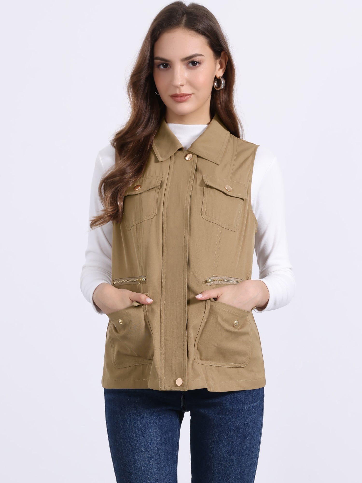 Zip Up Pockets Sleeveless Cargo Jacket Utility Vest