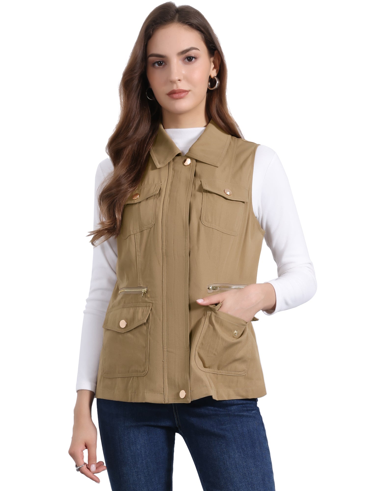 Zip Up Pockets Sleeveless Cargo Jacket Utility Vest