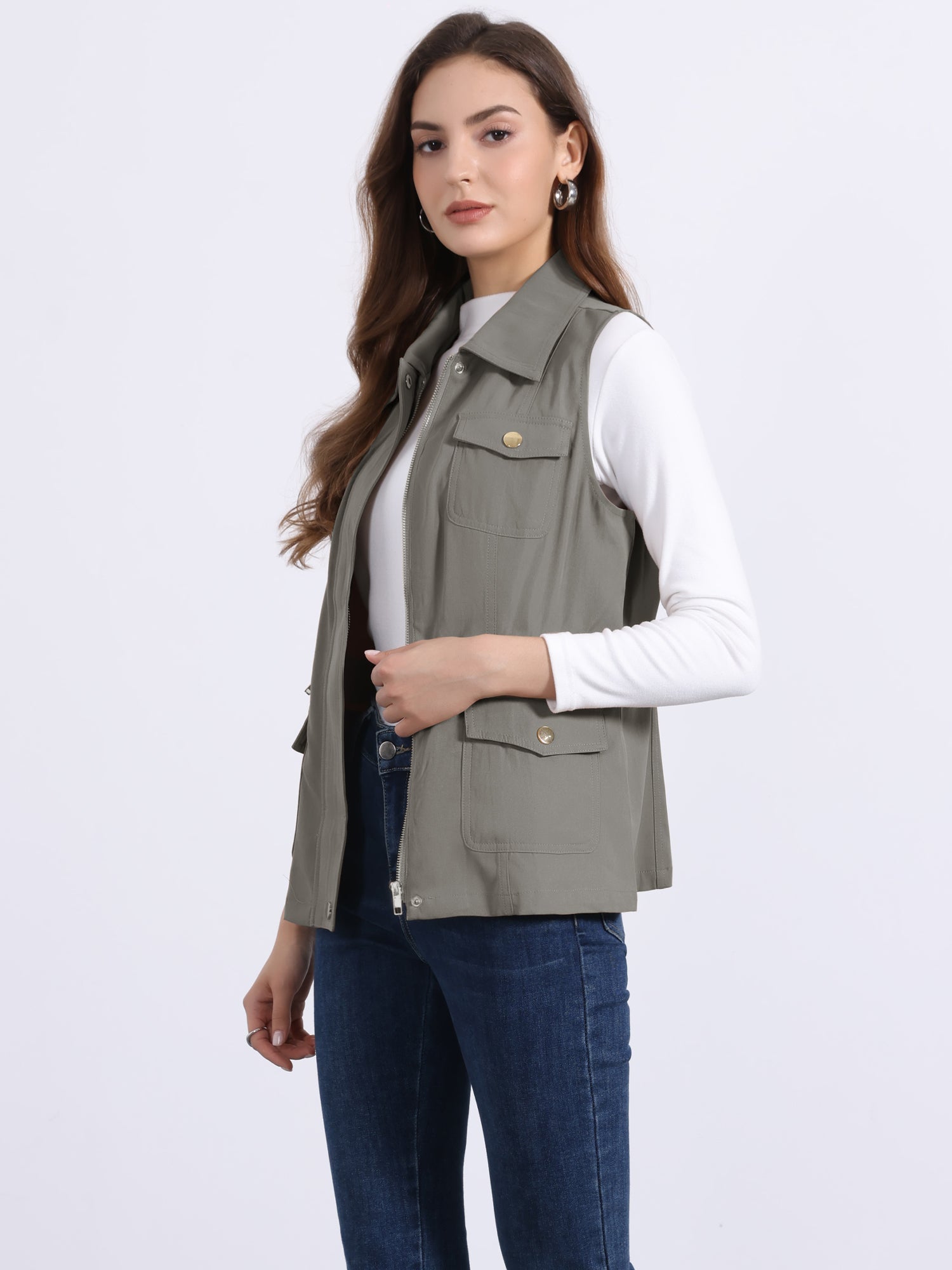 Zip Up Pockets Sleeveless Cargo Jacket Utility Vest