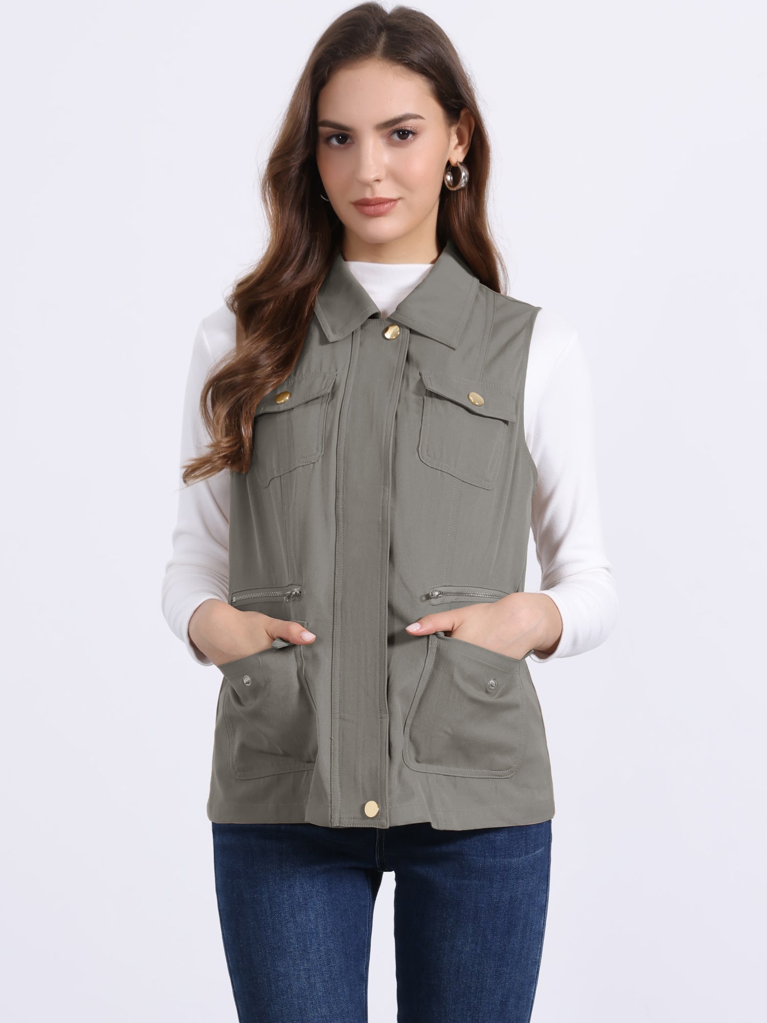 Zip Up Pockets Sleeveless Cargo Jacket Utility Vest
