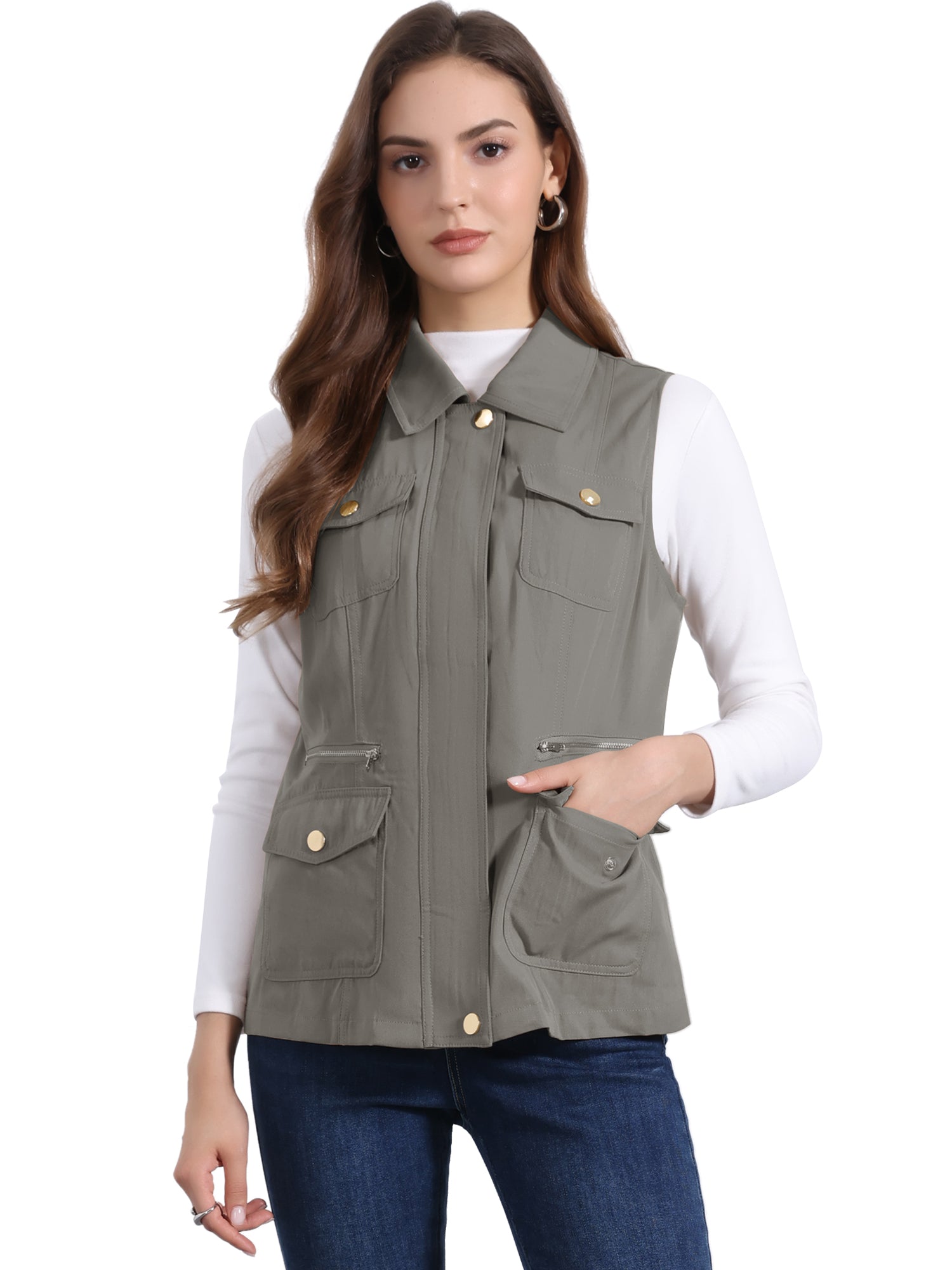 Zip Up Pockets Sleeveless Cargo Jacket Utility Vest