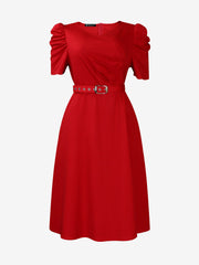 Solid Color Puff Sleeves Ruched Belted Midi Dress