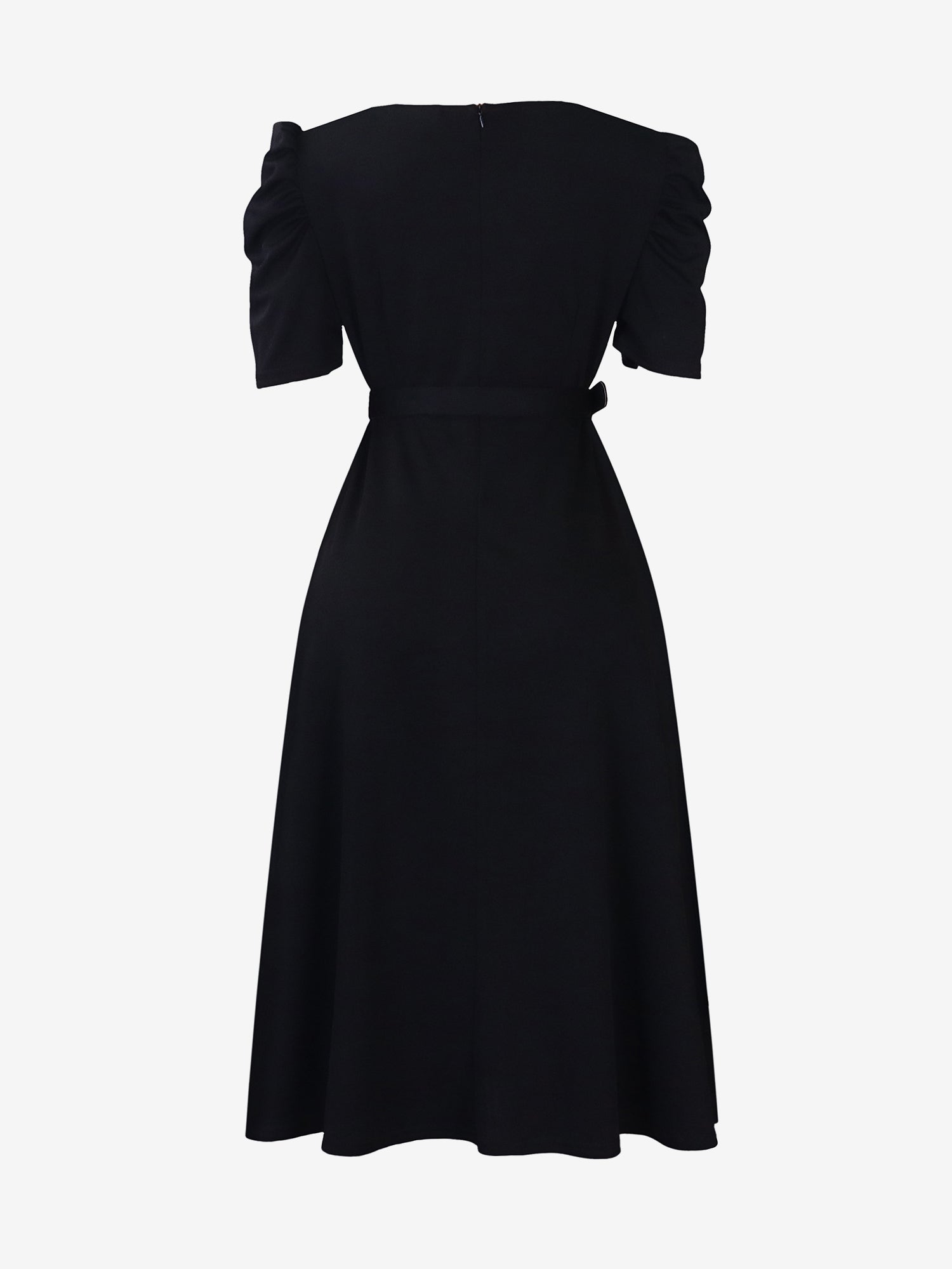 Solid Color Puff Sleeves Ruched Belted Midi Dress