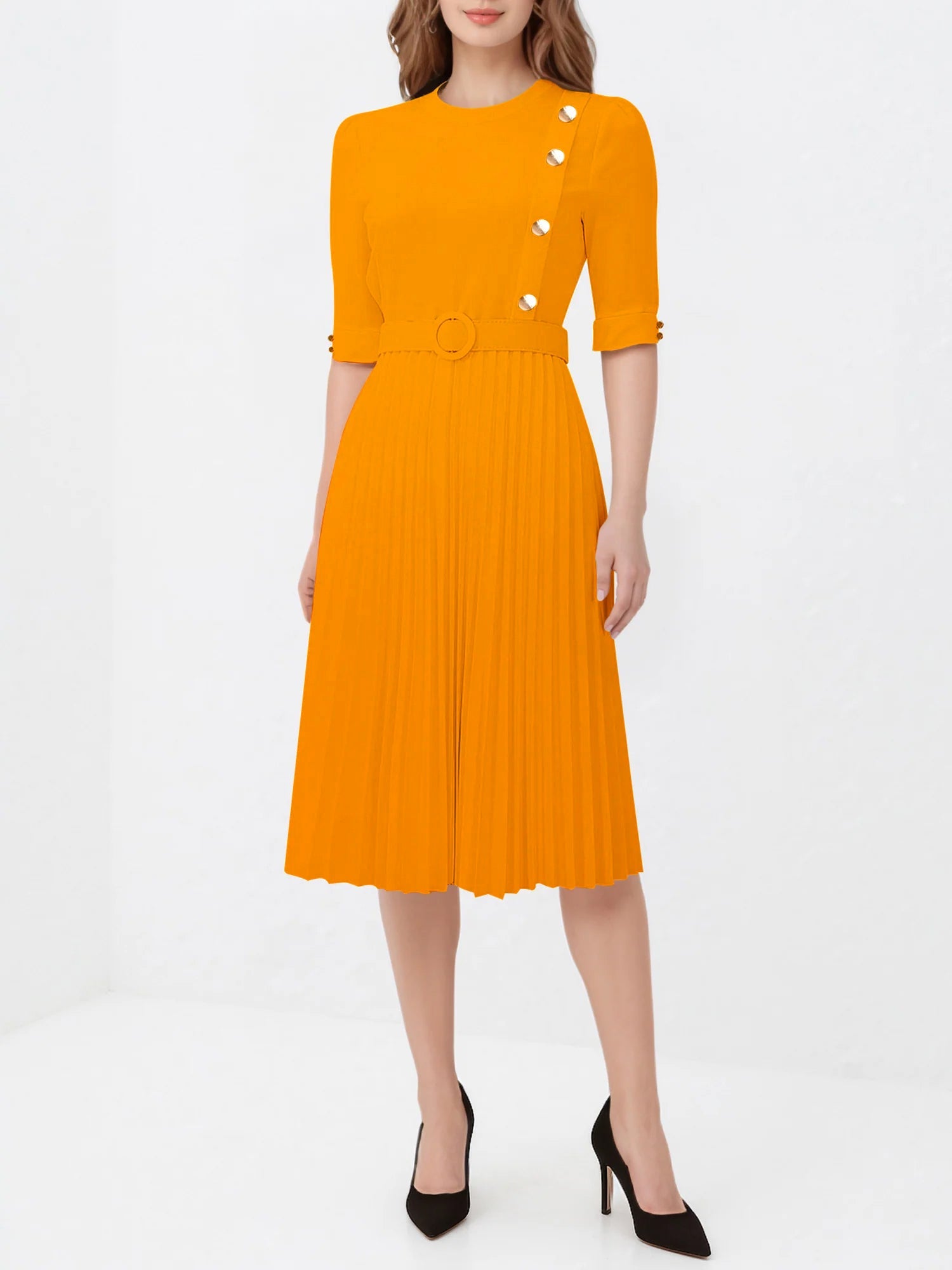 Solid Color Pleated Button Decor Belted Dress