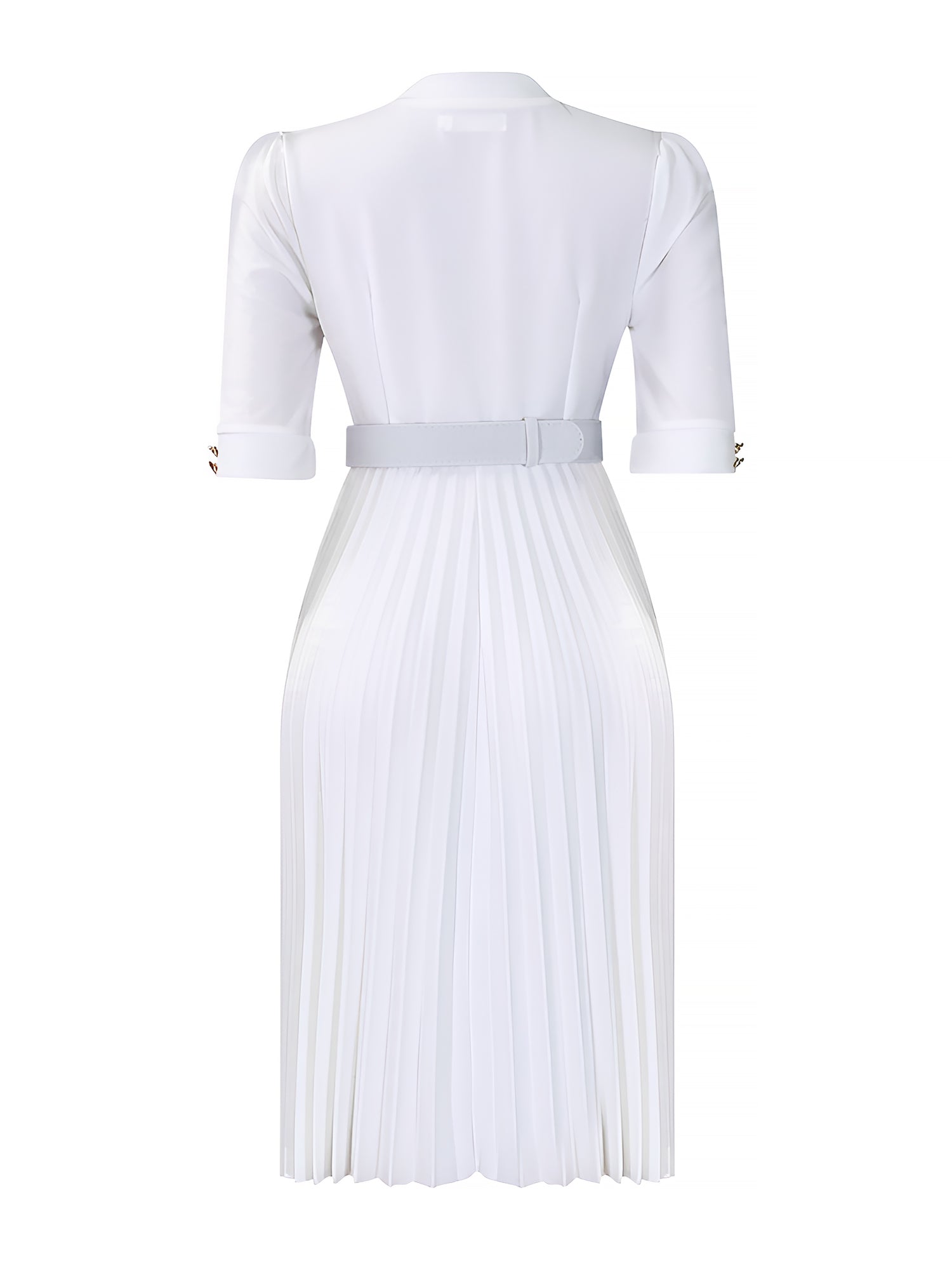 Solid Color Pleated Button Decor Belted Dress