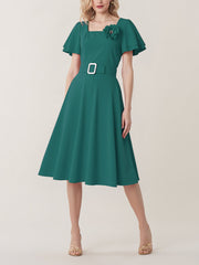 Square Neck Flower Ruffled Sleeves Belted Dress