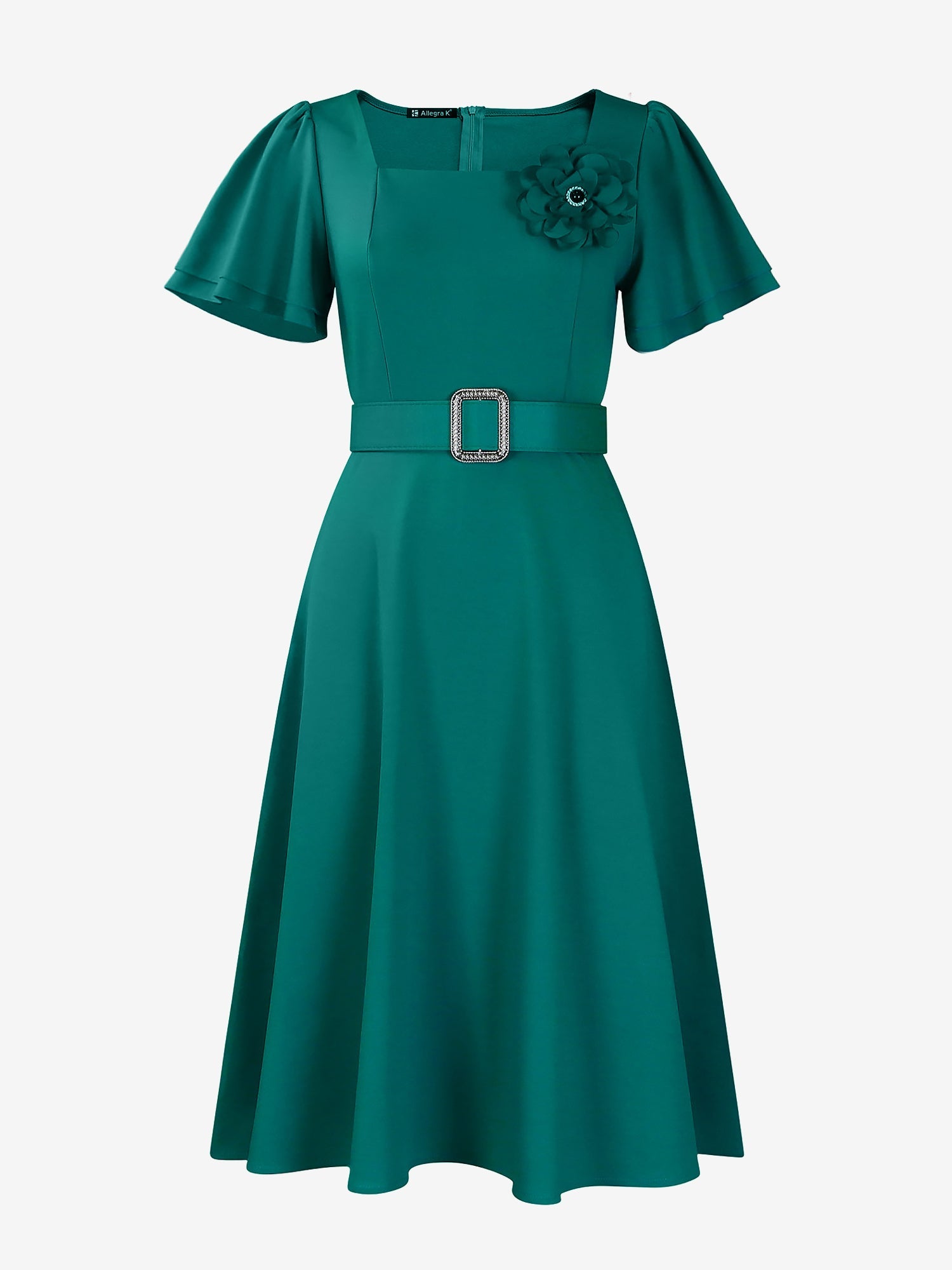 Square Neck Flower Ruffled Sleeves Belted Dress