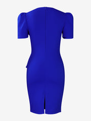 Solid Color Puff Sleeves Midi Sheath Dress