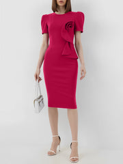 Solid Color Puff Sleeves Midi Sheath Dress