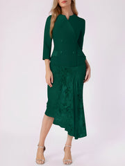 2 Pieces 3/4 Sleeves Blazer & Lace Ruffled Midi Pencil Skirt Set