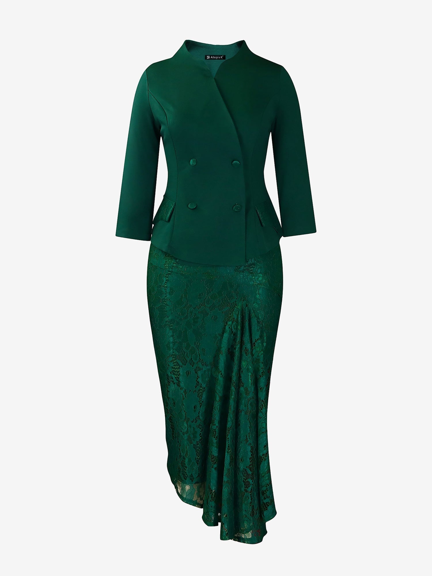 2 Pieces 3/4 Sleeves Blazer & Lace Ruffled Midi Pencil Skirt Set
