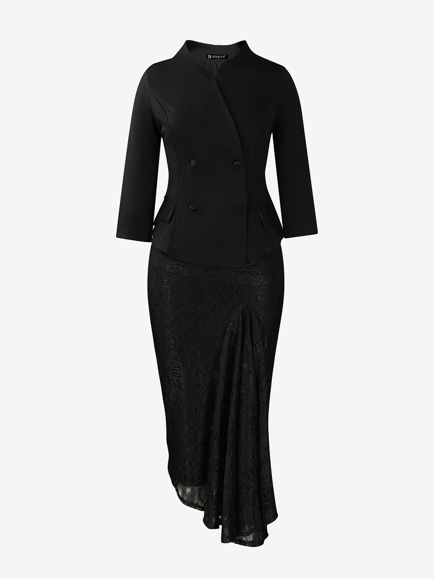 2 Pieces 3/4 Sleeves Blazer & Lace Ruffled Midi Pencil Skirt Set