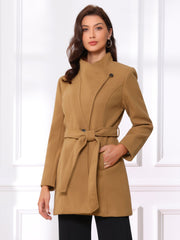 Classic Stand Collar Long Sleeve Belted Winter Coat