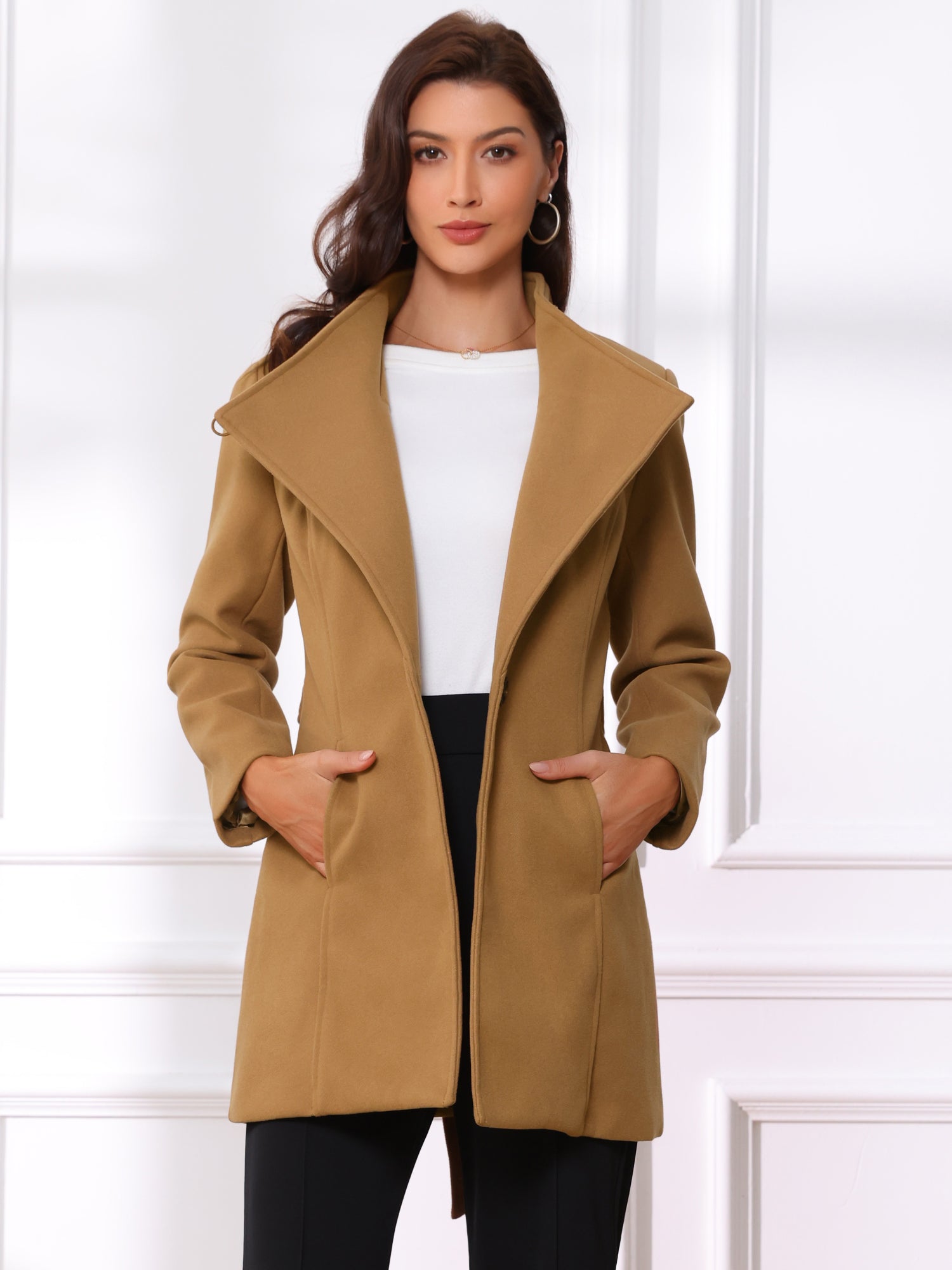 Classic Stand Collar Long Sleeve Belted Winter Coat