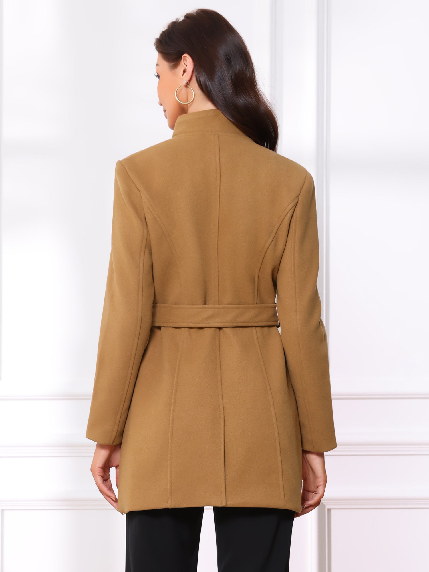 Classic Stand Collar Long Sleeve Belted Winter Coat