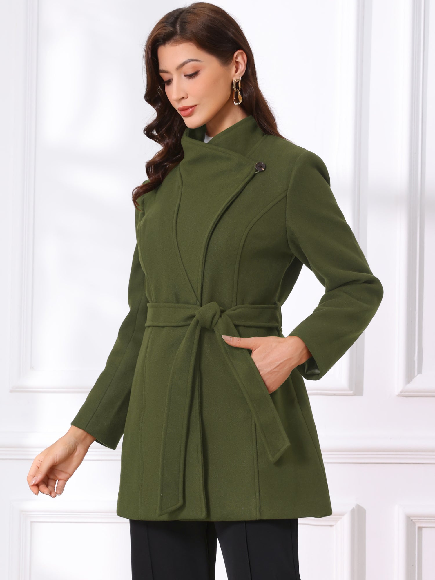 Classic Stand Collar Long Sleeve Belted Winter Coat