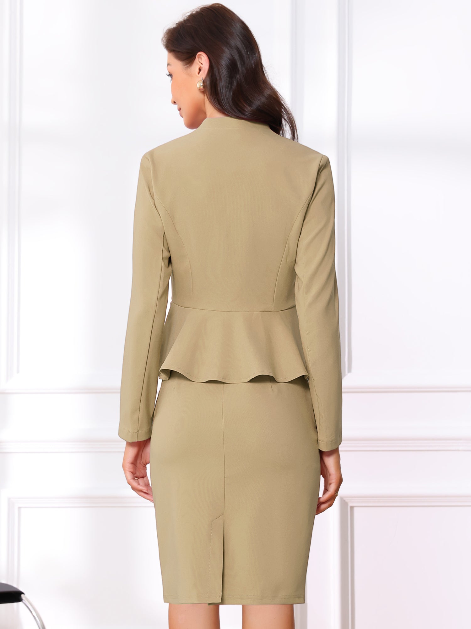 2 Piece Collarless Long Sleeve Peplum Blazer and Pencil Skirt Work Suit Set