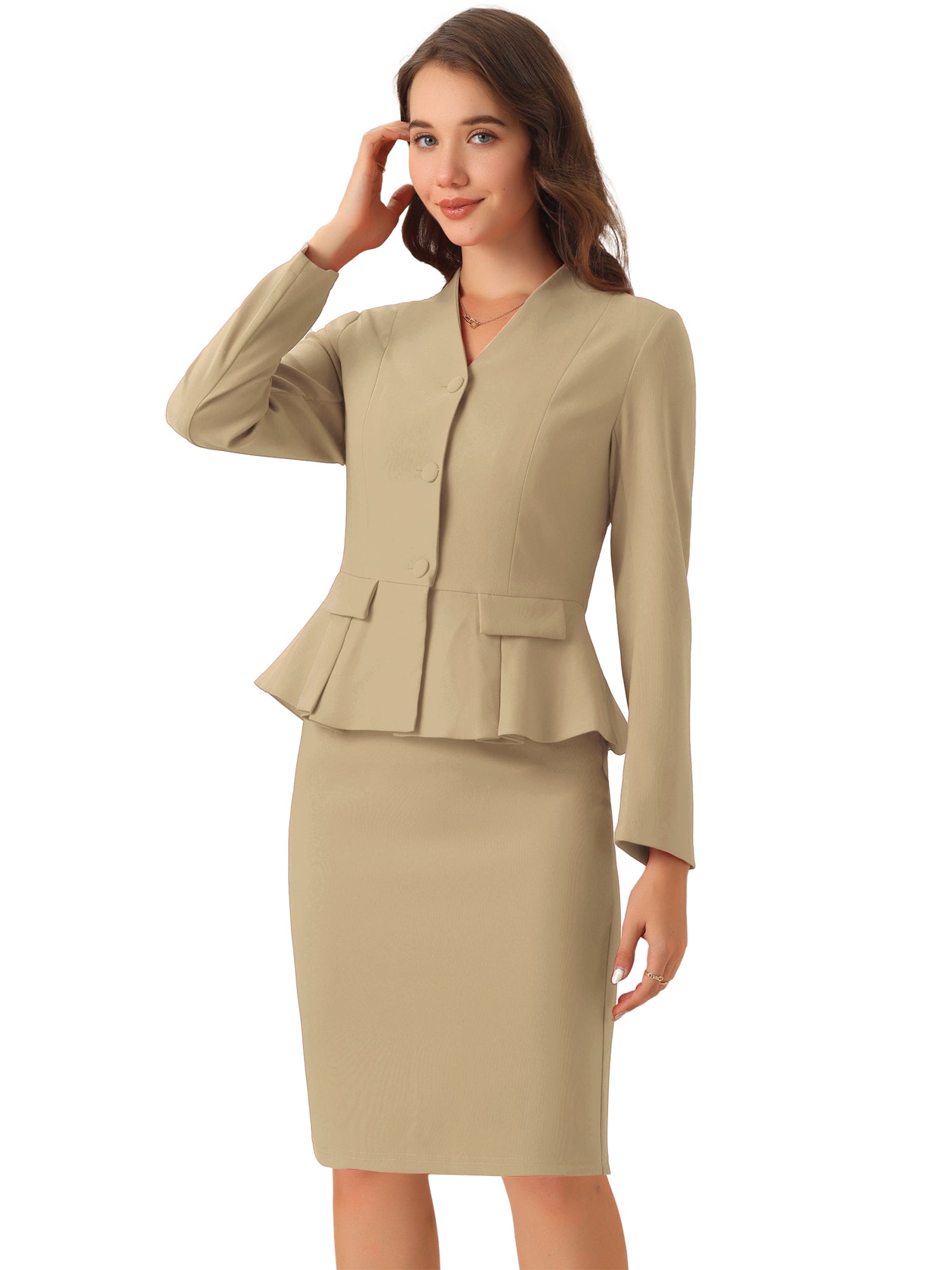 2 Piece Collarless Long Sleeve Peplum Blazer and Pencil Skirt Work Suit Set