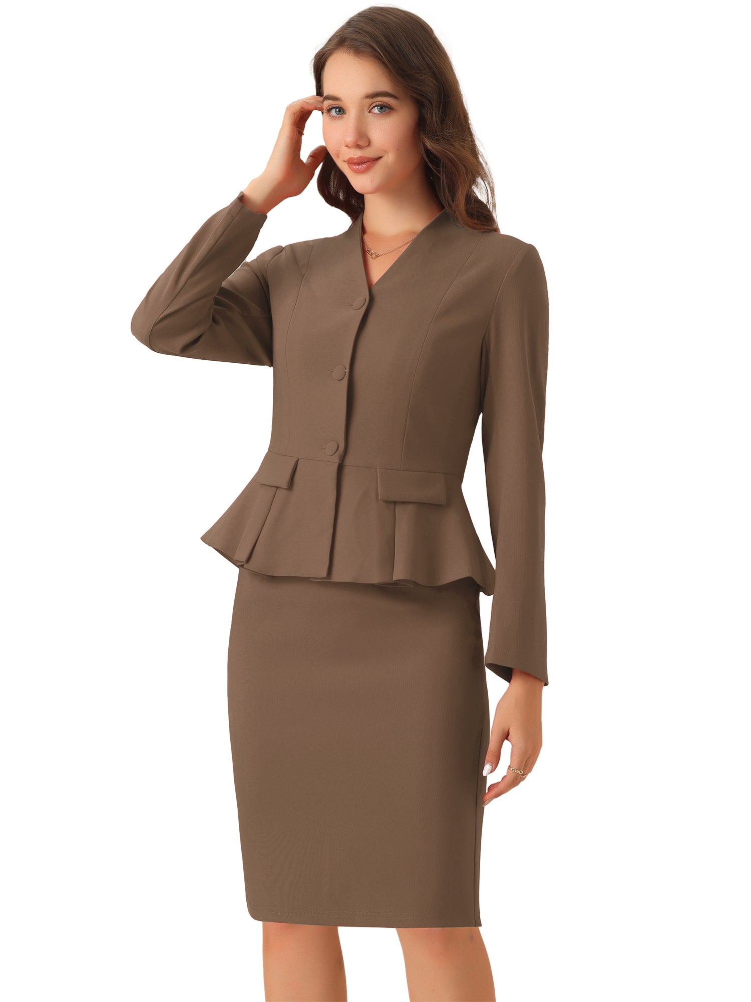 2 Piece Collarless Long Sleeve Peplum Blazer and Pencil Skirt Work Suit Set