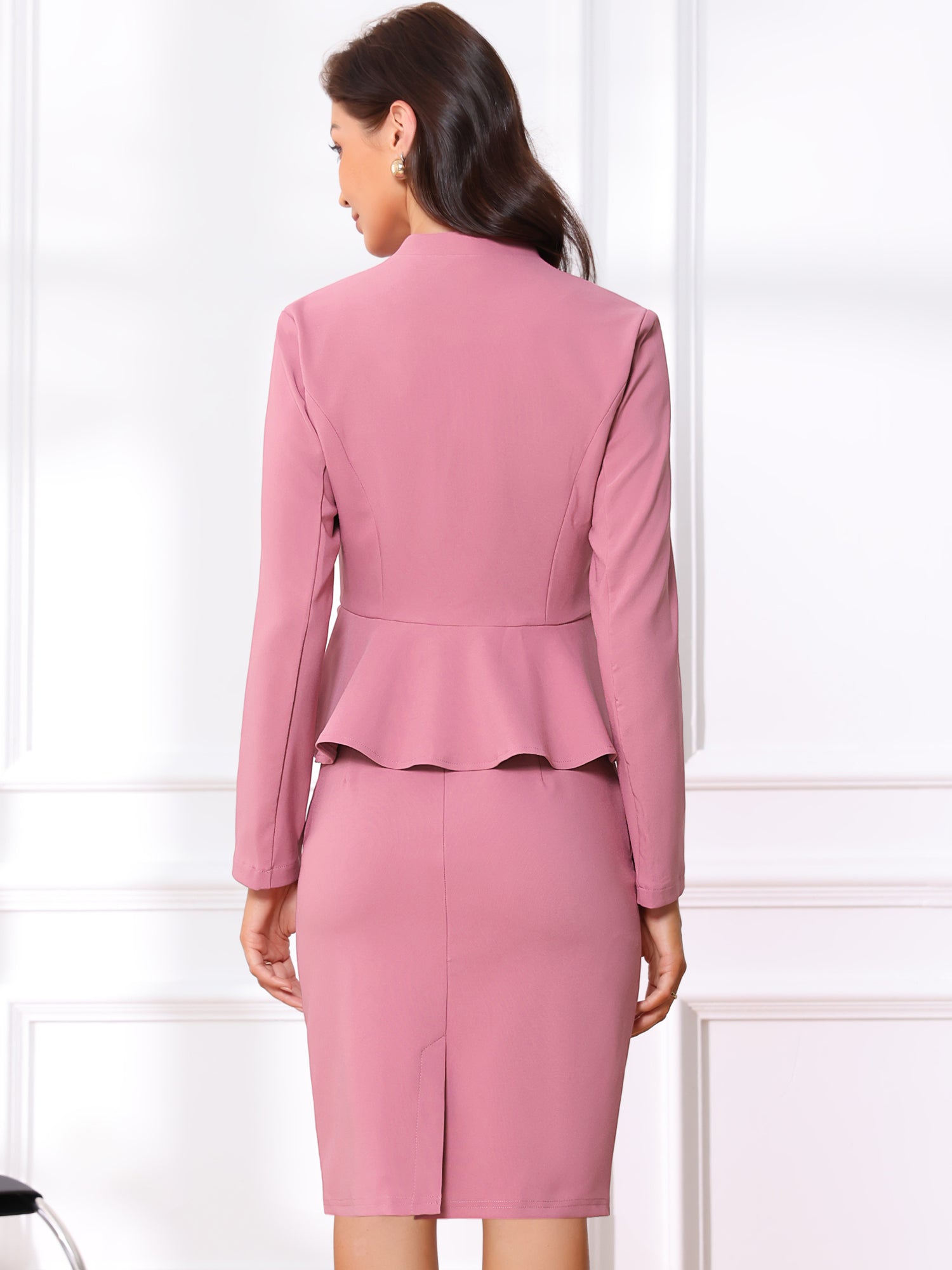 2 Piece Collarless Long Sleeve Peplum Blazer and Pencil Skirt Work Suit Set