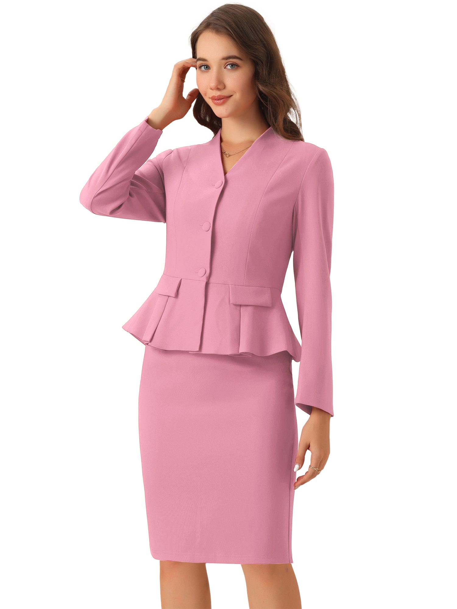 2 Piece Collarless Long Sleeve Peplum Blazer and Pencil Skirt Work Suit Set