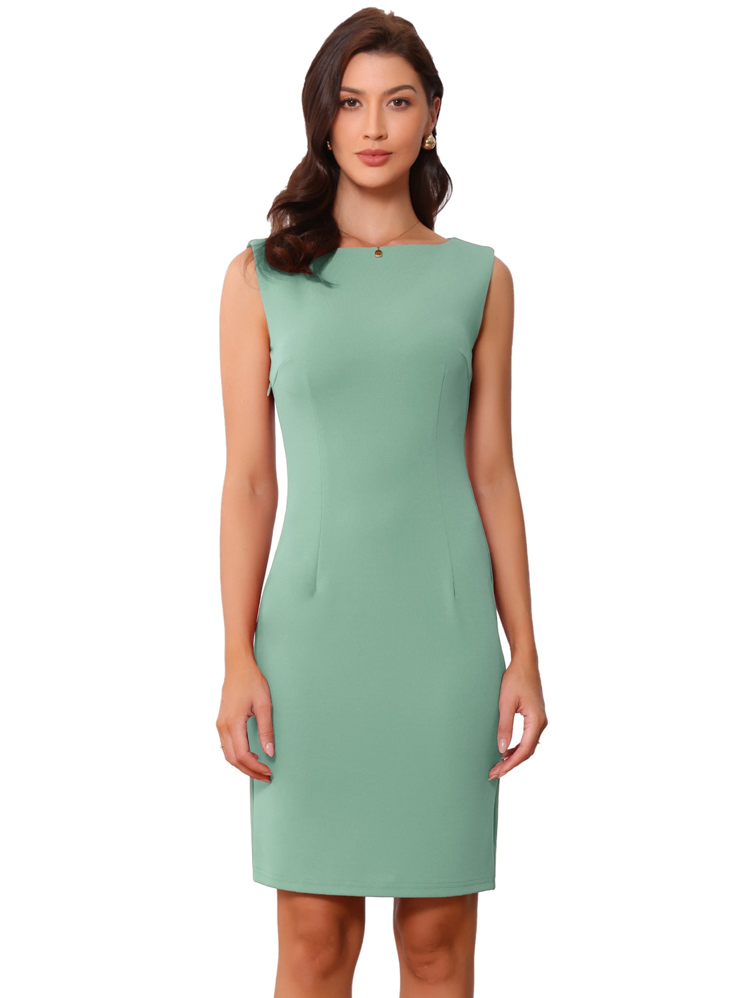 Sleeveless Sheath Boat Neck Casual Office Solid Midi Dress
