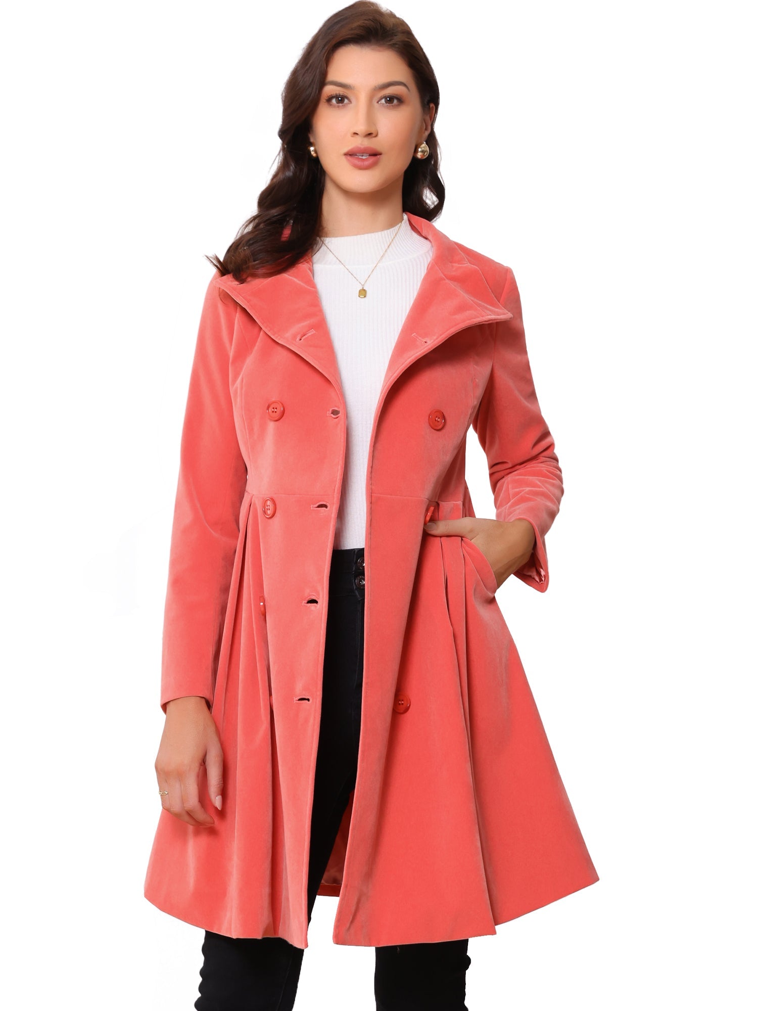 Velvet A-Line Stand Collar Double Breasted Winter Trench Coat