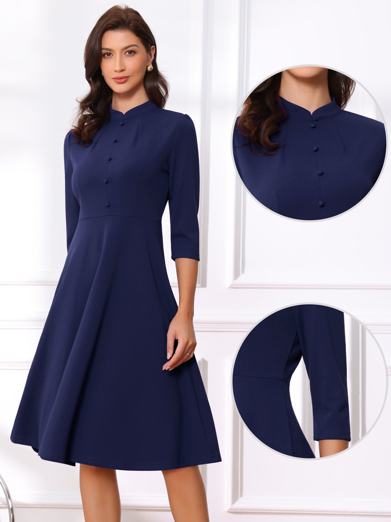 Retro 3/4 Sleeve Stand Collar Office Work Elegant A-Line Dress