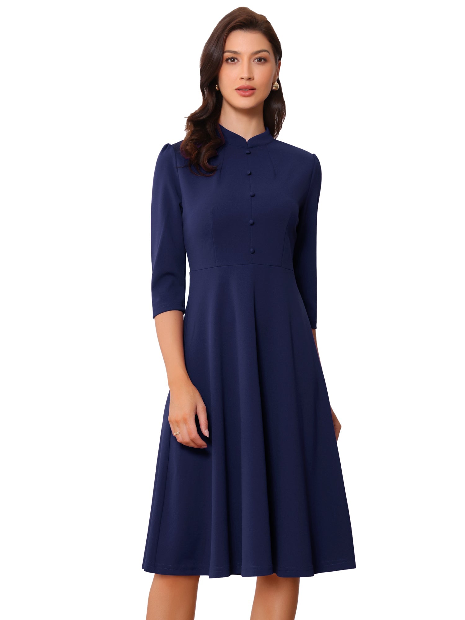 Retro 3/4 Sleeve Stand Collar Office Work Elegant A-Line Dress